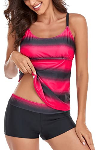 Sixyotie Maillot de Bain Femme 2 Pièces Shorty Tankini Dos Nu à Bretelle Grande Taille Push Up Bikini Rayures Rembourré (Red,3XL)