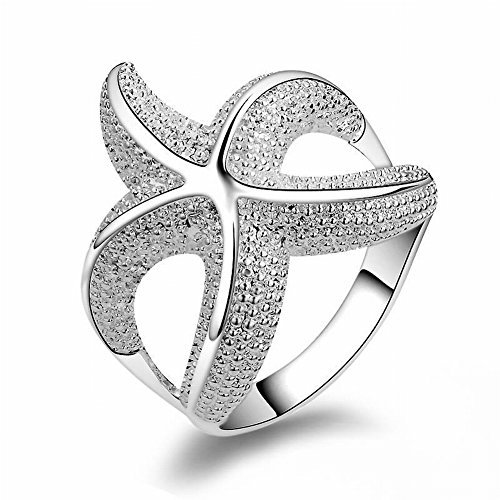 Thumby Mode Seestern Ring Frau Ring Hochzeitsgeschenk Natur Comic-Figuren Diamant Unisex Platin/K Weißgold Set 925 Silber, Weiß, 7