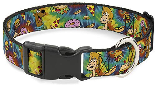 Dog Collar Plastic Clip Scooby Doo and Shaggy Poses Munchies Tie Dye Multi Color 11 to 17 Inches 1.0 Inch Wide