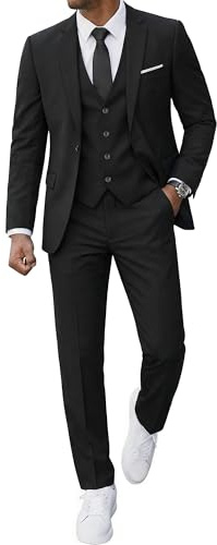 MrSure Men's 3 Piece Suit Blazer, Slim Fit Tux with One Button, Jacket Vest Pants & Tie Set for Party, Wedding and Business Black