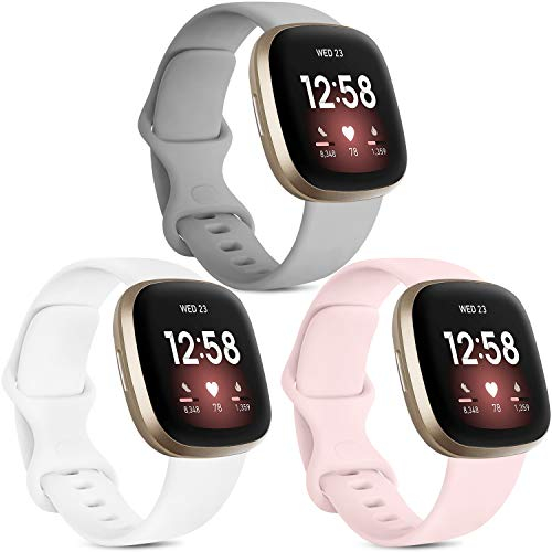 Vancle 3 Pack Compatible Strap for Fitbit Versa 3 / Fitbit Sense, Soft Silicone Watch Band, Grey/Pink/White, Large/Small