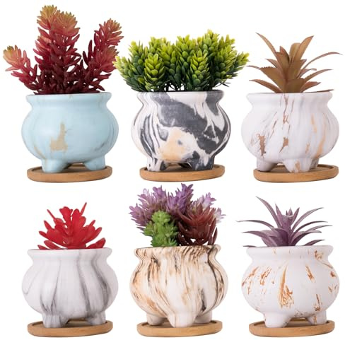 ARTKETTY Sukkulentententöpfe, 9,5 cm, kleine Sukkulenten-Pflanzgefäße mit Ablaufschale, Marmor-Blumentöpfe, Set mit 6 Keramiktöpfen für Zimmerpflanzen, Sukkulenten, Kaktus