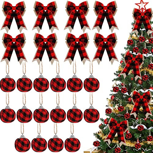 16 Stücke Weihnachten Büffel Plaid Ball Ornamente Weihnachten Hängende Weihnachtskugeln und 8 Stücke Bauernhaus Weihnachten Kränze Schleifen für Weihnachten Weihnachtsbaum Indoor Outdoor