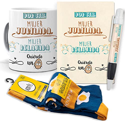 mundohuevo Super Regalo Personalizado para jubilación. Mujer jubilada, Mujer Relajada. Taza, libreta, boli y Trio de Calcetines