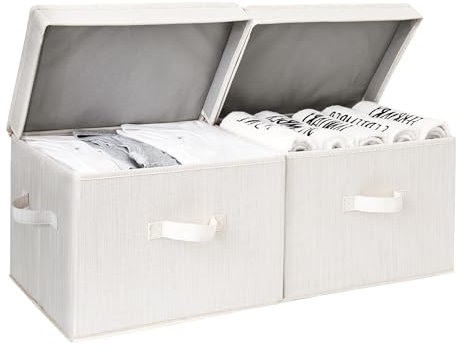 StorageWorks Clothes Storage Boxes with Lids, Large Storage Boxes for Wardrobe Shelves, Decorative Fabric Baskets with Handles for Bedroom Closet Organising, Mixing of Beige, White & Ivory, 2-Pack