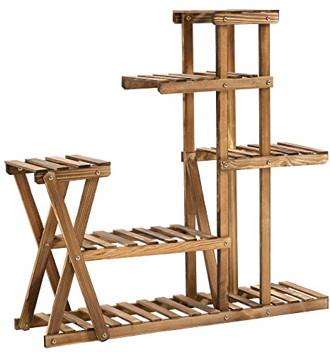 Outsunny Étagère à Fleurs en Bois Supports de Pots Porte Plante 6 tablettes - dim. 98L x 28l x 95H cm - Bois de Sapin traité carbonisation pour Intérieur Jardin Terrasse Balcon