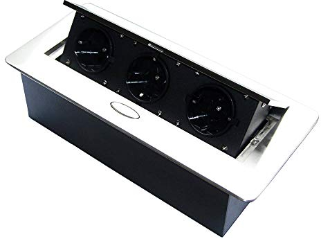 Toma de corriente retráctil para cocina y oficina con apertura suave - Ideal para encimera, como toma de mesa o toma de suelo - Inyección de aluminio con tres elementos de toma | plata