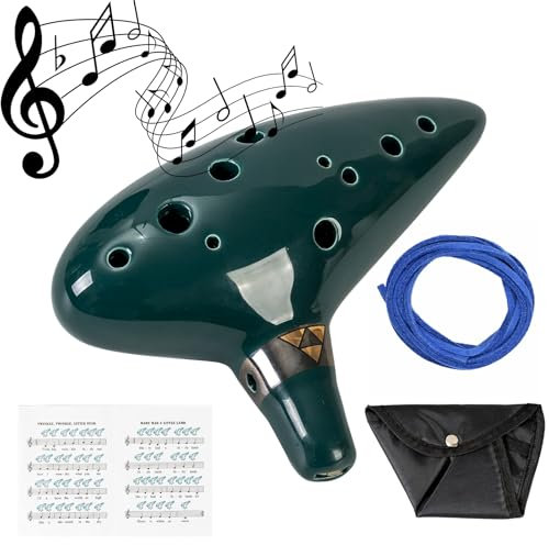 Mulucky Ocarina de arcilla natural de 12 agujeros con accesorios, caja de regalo de instrumentos musicales para principiantes, color verde oscuro
