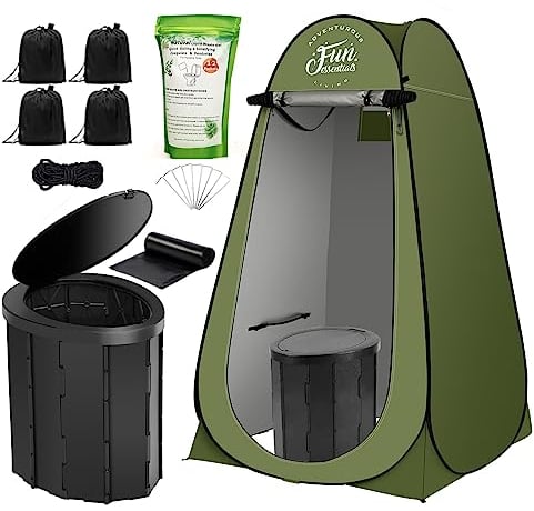Fun Essentials Portable Toilet Kit for Adults, Pop Up Privacy Tent, X Large Camping Folding Toilet, 12 Toilet Bags, 12 Pack Liquid Waste Gel, Washable Foldable for Travel,RV,Outdoor