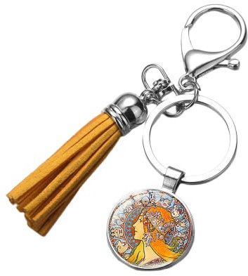 Retro Alphonse Mucha Fee Malerei Schlüsselanhänger Jugendstil Bild Cabochon Glas Leder Quaste Schlüsselanhänger Ornament Tasche Zubehör, weiß, L
