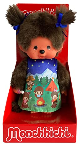 Sekiguchi 243082 - Original Monchhichi Mädchen, Plüschfigur mit Kleid und Zöpfen mit Schleifen, ca. 20 cm großes Kuscheltier aus braunem Plüsch