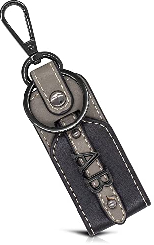 Dolphin Schlüsselanhänger personalisiert - Hochwertiger Kunst Leder Schlüssel Anhänger mit Wunsch-Initialen - für Sie & Ihn (Metall: Chrom-Anthrazit/Leder Imitat: schwarz/grau)