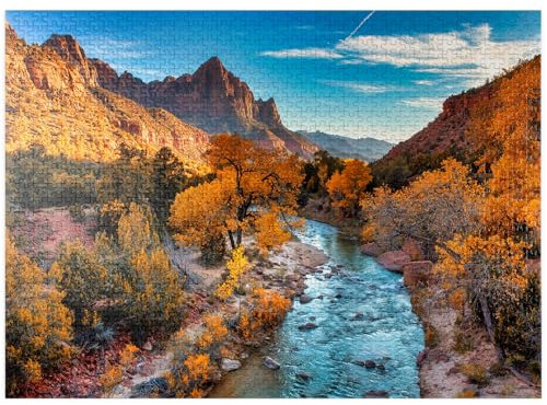 MyPuzzle View of Watchman Mountain and The Virgin River in Zion National Park in The Southwestern United States, Near Springdale, Utah, Arizona - Premium 1000 Piece Jigsaw Puzzle for Adults
