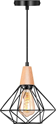 LIGKIN Pendelleuchte Vintage Industrial, Hängelampe Schwarz aus Eisen Käfig Lampenschirm, Hängelampe Wohnzimmer mit E27 Fassung, Hängeleuchte für Esszimmer, Wohnzimmer, Schlafzimmer(Ø 220mm)