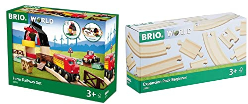 BRIO World 33719 Bahn Bauernhof Set - Holzeisenbahn mit Bauernhof, Tieren und Holzschienen & World 33401 Kleines Schienensortiment - 11 Schienen aus Buchenholz für die BRIO Holzeisenbahn