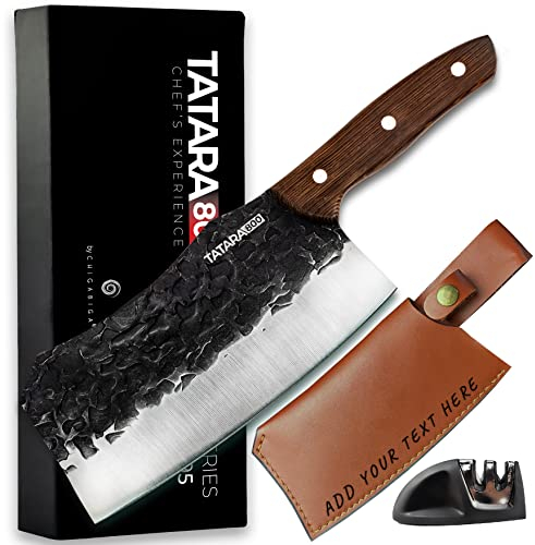 Hachuela Personalizzato Macellaio per Barbecue - Ascia da cucina in acciaio inox 295 mm - Coltello stile giapponese - Confezione regalo + custodia in pelle + Affilacoltelli in ceramica