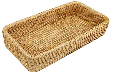 Bandeja de Servicio de Ratán, Bandeja Tejida Rectangular Cesta de Mimbre Tejida a Mano Bandeja Organizadora Bandeja de Ratán Organización de Mesa Cesta de Almacenamiento de (S)