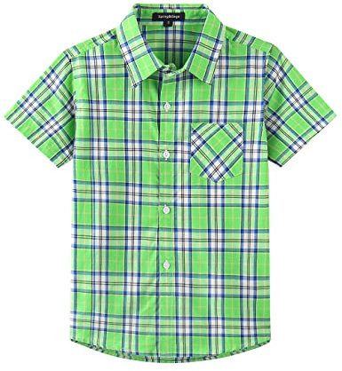Spring&Gege Chemise à carreaux à manches courtes pour garçon, chemise de loisirs pour enfants, vert/bleu, 9-10 ans