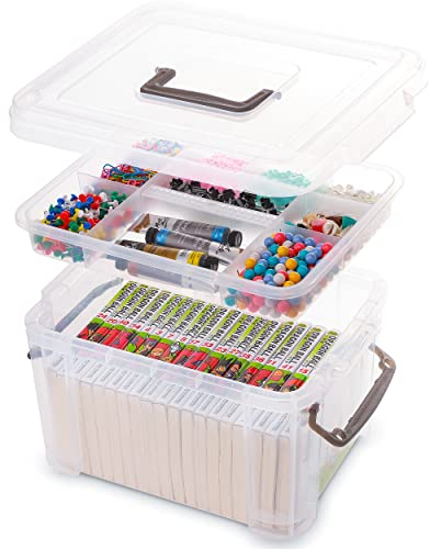 Citylife Plastic Storage Boxes with Removable Tray Clear Plastic Box with Handle Large Storage Box with Lid Stackable Craft Storage Boxes for Organizing, Bead, Tool, Sewing