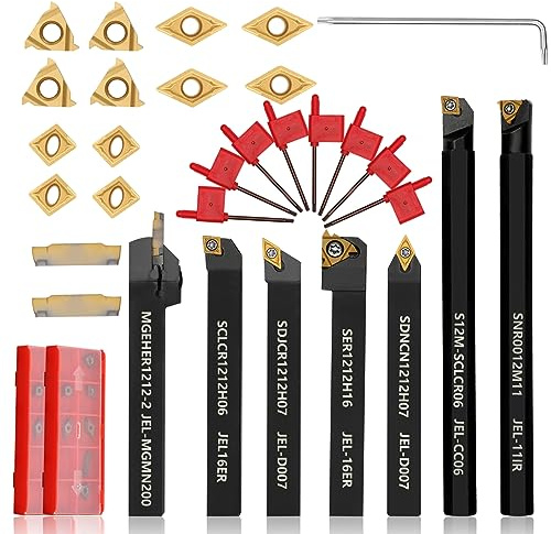 Joogto Indexable Lathe Turning Tool 21Pcs Kit 1/2'' 12mm Shank 7 Pcs Metal Lathe Tool Holder Set for Turning Grooving Threading Boring with 14 Pcs Carbide Inserts Turning Inserts Carbide Turning Tool
