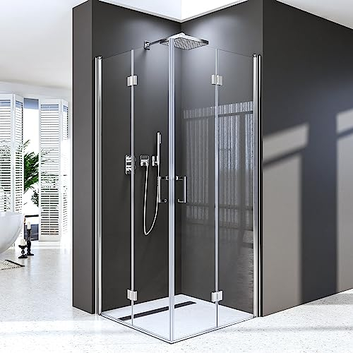 Duschkabine 80x90 cm,Falttür 180º Duschwand Duschabtrennung 6 mm NANO-Glas Duschkabine Scharniertür,Leicht zu Reinigen, Ohne Duschwanne, Höhe 195 cm