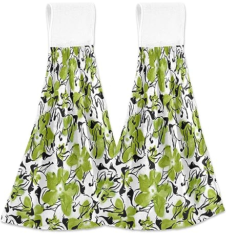 linqin Green Ink Horses Tropical Hibiscus Flowers Badezimmer Handtuch mit Schlaufe 2er Set Handtücher für Badezimmer mit Schlaufenhänden