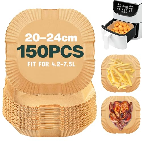 Backpapier für Heißluftfritteuse,150 Stück 20-25cm Airfryer Backpapier, Antihaft Wasserdicht Ölfest Einwegschalen Luftfritteuse Pergamentpapier Liner für Ninja,COSORI,Philips,Princess Airfryer