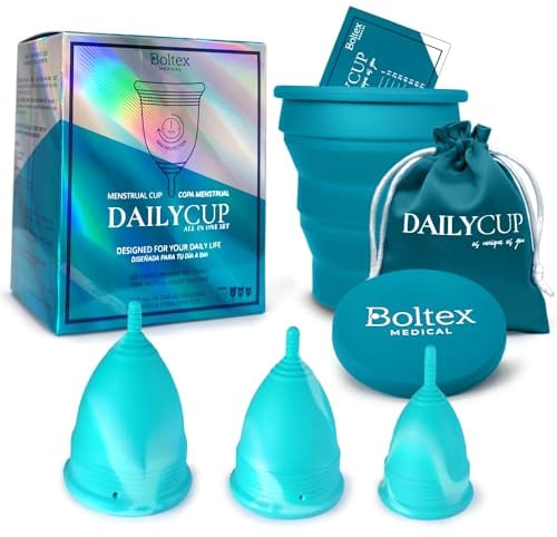Menstrual Cup Daily Cup All-in-One Set by BOLTEX Medical. Designed for Your Daily Comfort. Includes Steriliser Cup, 3 Daily Period Cups: Sizes S, M, L and Storage Bag