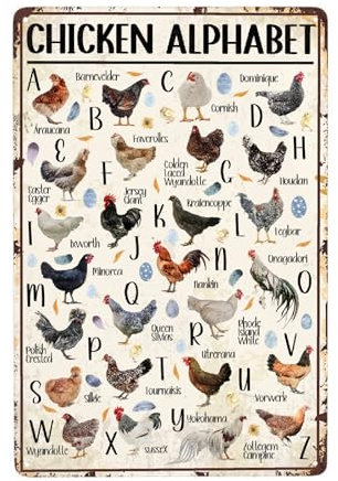 JOCASA Huhn Alphabet Vintage Metall Poster Bauernhof Schild Dekor-Retro Aluminium Metall Blechschild für Home Wall Decor, Küche Bauernhaus Land Bauernhof Scheune, Hühnerstall Outdoor Wandschilder