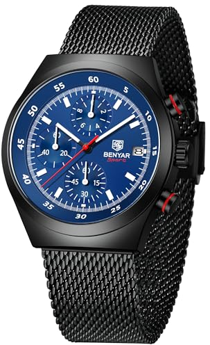 BENYAR Herrenuhr Military Time Code Uhr Mesh-Armband Analoges Quarzwerk Business Datum wasserdichte Uhr Herrengeschenk BY-5200M(Schwarz Blau)