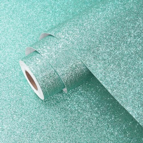Yullpaper Tapete Grün Selbstklebend Glitzer Klebefolie Klebefolie für Möbel Schrank Grüne Tapete Schlafzimmer Glitzer Folie für Möbel Dekofolie Selbstklebend Tapete Petrol für Kinderzimmer 40 X 200cm