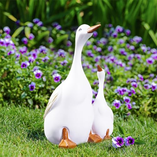 Voyyphixa Weiße Gans Deko Garten Entenmutter und Entenküken Hoflandschaft Gartenstatue Ornament Garden Statue Outdoor Garten Gartendeko Hinterhof Rasen Pfähle (Groß)