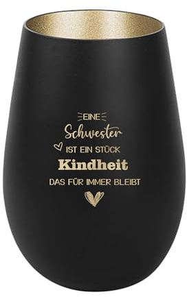 Der-Porzellan-Laden Windlicht mit Gravur Eine Schwester ist EIN Stück Kindheit, Schwarz Gold, Teelichthalter aus Glas mit Spruch, Tischdeko modern