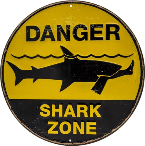 Retro Hinweis Schild, Blechschild lustiger Spruch mit Hai, Betreten auf eigene Gefahr, 35 x 35 cm (Danger: Shark Zone)
