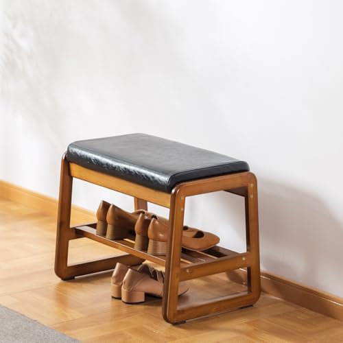 SOBIBO Solid Wood Shoe Bench, 2-Tier Wooden Storage Entryway Bench, Mid-Century Modern Shoe Bench Rack, End of Bed Bench with Faux Leather Cushion for Hallway, Living Room (Black, 55cm，21.65 inches)
