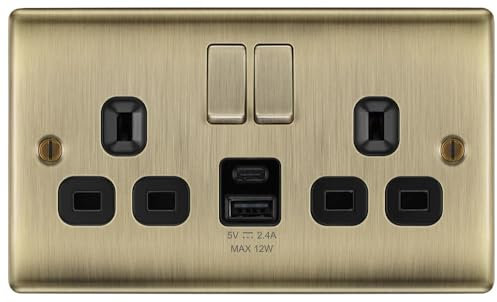 BG Antique Brass Double Socket with USB 12W Type A & Type C USB NAB22UAC12B