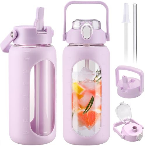 BLUEGO 2000ml Glass Water Bottles with 2 Lids Flip Lid and Spout Lid Half Gallon Water Bottle with Straw 2L Large Water Bottle with Time and Capacity Markers for Gym Home Office Leak-proof,Purple