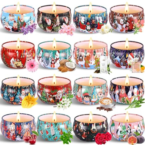 HYOJCWU Duftkerzen Geschenkset, geschenke Weihnachten-Kerze,16St. 2.5OZ 100% Natürliches Sojawachs Aromatherapie Kerzen für Weihnachten,Bad,Aromatherapie,Stressabbau Und Entspannung des Körpers