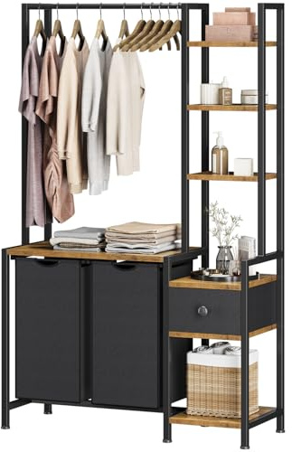 Creso hom Laundry Hamper with Shelf, 5 Tiers Tall Laundry Basket Sorter with 2 Pull-Out and Removable Bags, Clothes Rack with Laundry Sorter for Laundry Room Bathroom Bedroom, Rustic Brown