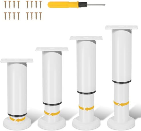 Izrielar Lot de 4 pieds de meubles réglables de 12 à 18 cm - En acier - Base agrandie - Avec 16 vis + 1 tournevis - Pour meubles, canapé, lit, table de chevet, armoire, armoire (blanc)