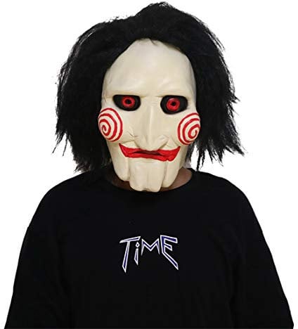 AENEY Scary Saw Mask, Halloween Puppet Jigsaw Mask Horror Full Head with Hair, Creepy Party Cosplay Costume Props (Saw-1)