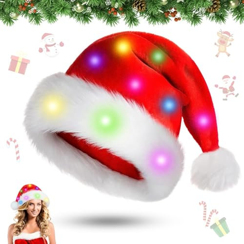 Qunkun Weihnachtsmütze LED Mütze für Kinder und Erwachsene, Rote Weihnachtsmann Mütze Mit Licht, Nikolausmütze Plüsche für Weihnachtsfeier