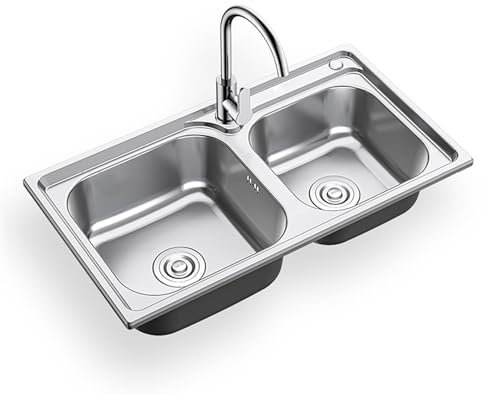 Fregadero de Cocina de Acero Inoxidable Fregadero Doble Fregadero Bajo Encimera o Sobre Encimera con Grifos De Agua Fría Y Caliente Fregadero Para Hotel Lavadero Restaurante