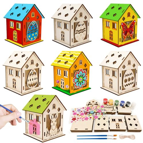 7 Stück Bastelset Frühling Kinder, Bastelset Kinder Frühling Haus Basteln, Kreativität Holz Frühlingshaus - Farbset mit 2 Pinsel und Diamantaufkleber, Basteln Frühling Osterbasteln mit Kindern