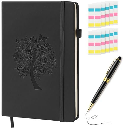 GoaePode A5 Blanko Notizbuch Set, 300 Seiten Lined Papier Notizbücher mit Stiftschlaufe, Prägebaum Design Memo Notizblock mit Kugelschreiber Haftnotizen, Tagebuch für Schüler Studenten, Schwarz