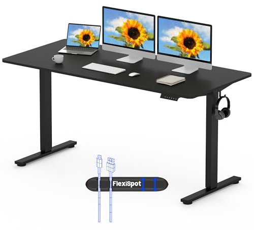 FLEXISPOT 160 x 80cm Electric Standing Desk ONE PIECE Height Adjustable Desk Sit Stand Desk with 4 Memory Smart Pannel and Backpack Hook for Home Office, (Black Frame+Black Desktop)