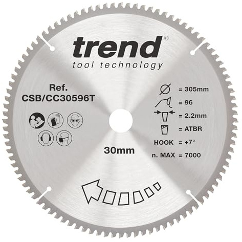 Trend 305mm 96T TCT Cordless Mitre Saw Blade, 30mm Bore, Extra-Fine | Designed For Cordless ATBR Mitre Saws, This 305mm TCT Blade Delivers An Extra-Fine Finish And Smooth Cutting, CSB/CC30596T