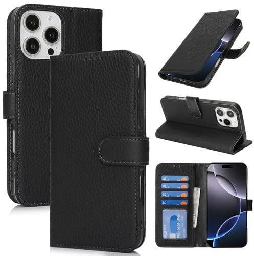Zouzt Leather Wallet Case for iPhone 16 Pro, 4 Card Slot, Black | Genuine Leather, Card Holder, Shockproof TPU Shell, Magnetic Closure, Protective Flip Folio Phone Cover, For Women Men
