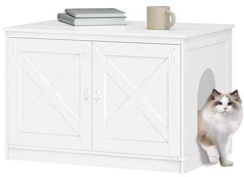 Hzuaneri Katzenklo Schrank, Katzenschrank, Katzentoilette mit Herausnehmbarer Trennwand, Katzenhaus, Umkehrbarer Eingang Links oder Rechts, als Sideboard, 80 x 50 x 54 cm, Weiß CB86613W
