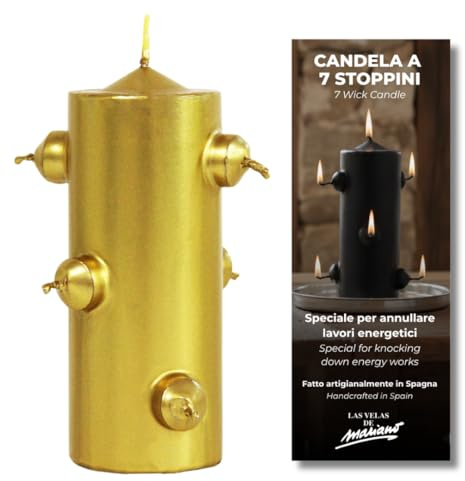 VELAS MARIANO Schwarze Kerze mit 7 Dochten, 16 cm hoch x 5,5 cm breit, für Reinigungsrituale (Gold)
